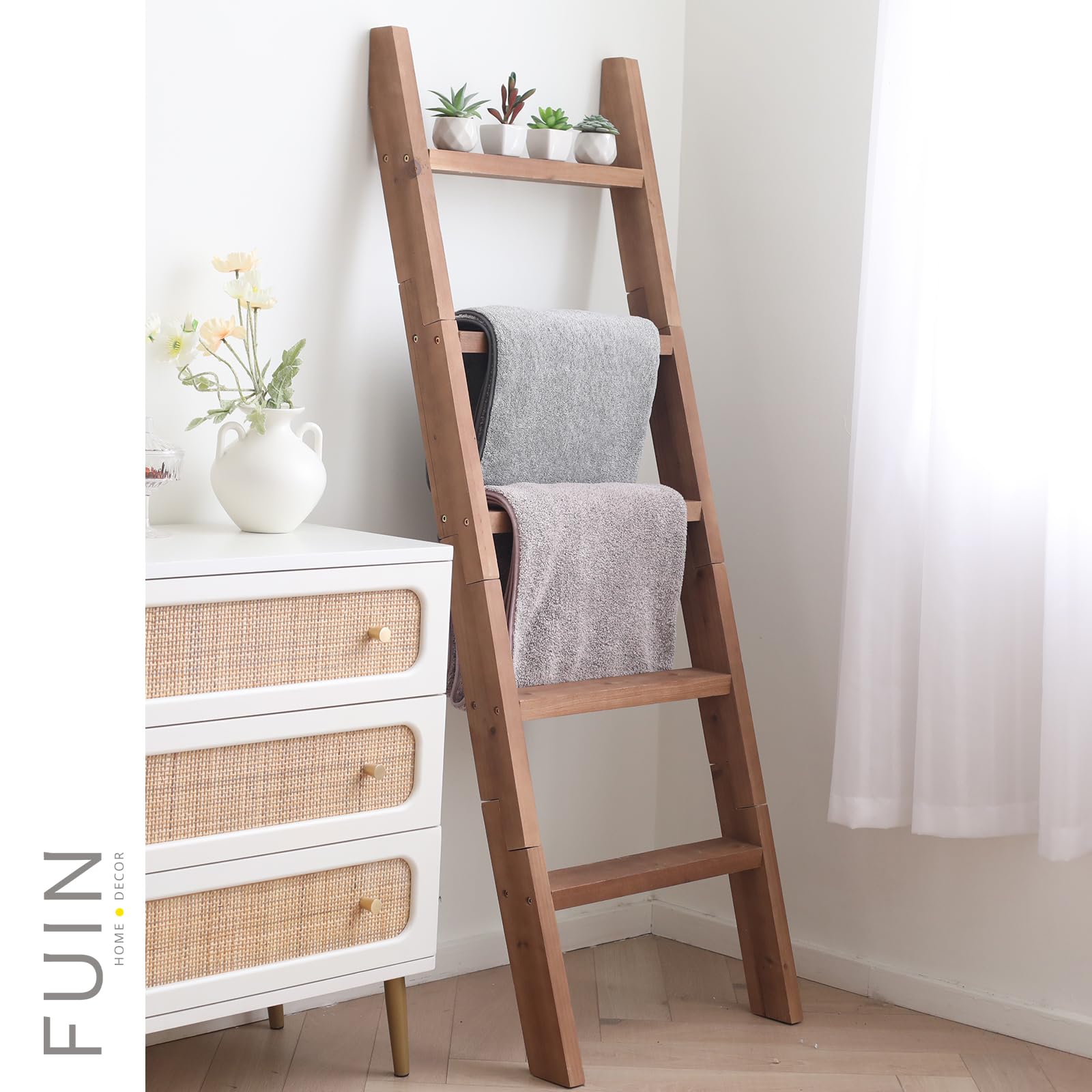 FUIN 5ft (58") Wood Blanket Ladder Living Room Decorative Wall Leaning Farmhouse Quilt Display Holder Shelf Rustic Wooden Towel Rack for Bathroom, Brown