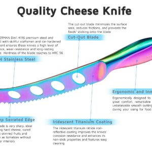 WELLSTAR Cheese Knife, Serrated Tomato Knife 5 Inch Sharp High Carbon Stainless Steel Blade for Cutting All Cheese Types - Rainbow