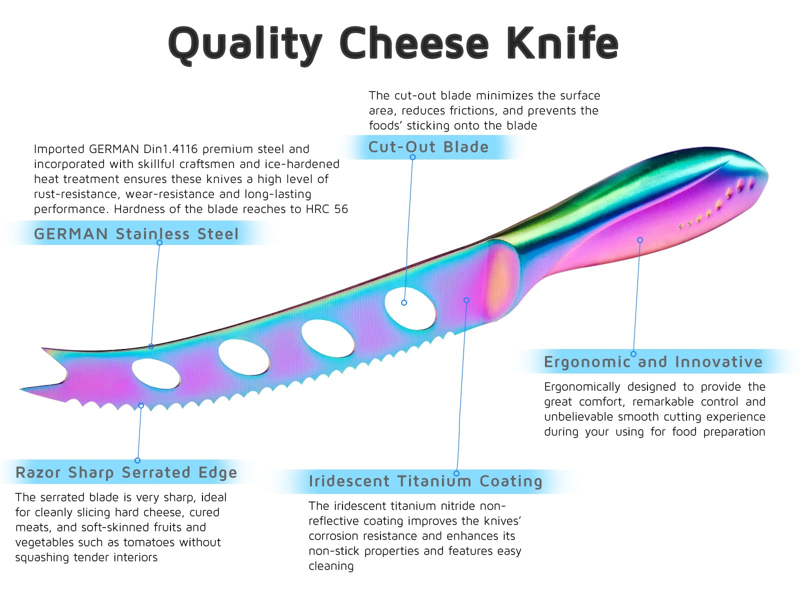 WELLSTAR Cheese Knife, Serrated Tomato Knife 5 Inch Sharp High Carbon Stainless Steel Blade for Cutting All Cheese Types - Rainbow