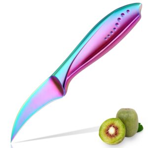 wellstar 2.5 inch birds beak paring knife, sharp high carbon stainless steel curved blade for fruit and vegetable peeling garnishing cutting – rainbow