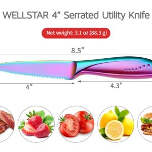 WELLSTAR Utility Knife, 4 Inch Serrated Paring Knife with Super Sharp Rainbow High Carbon Stainless Steel Blade for Fruit Vegetable Cutting Peeling Slicing