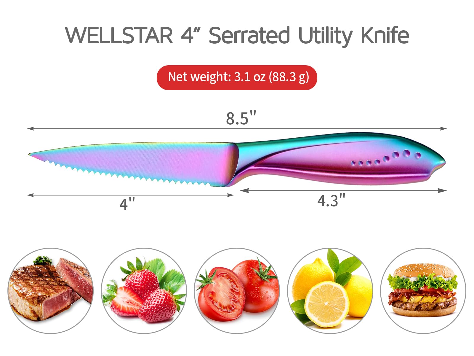 WELLSTAR Utility Knife, 4 Inch Serrated Paring Knife with Super Sharp Rainbow High Carbon Stainless Steel Blade for Fruit Vegetable Cutting Peeling Slicing