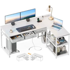 aodk 53 inch l shaped computer desk with drawers, corner desk with power outlets & reversible storage shelves, movable cpu stand for home office gaming, white