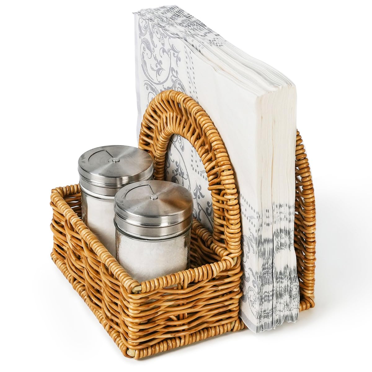 Aevtih Stylish Rattan Napkin Holder with Salt and Pepper Shakers Holder - Perfect Tabletop Organizer for Kitchen - Ideal for Paper Napkins (Without Salt, Pepper Shakers & Napkins)