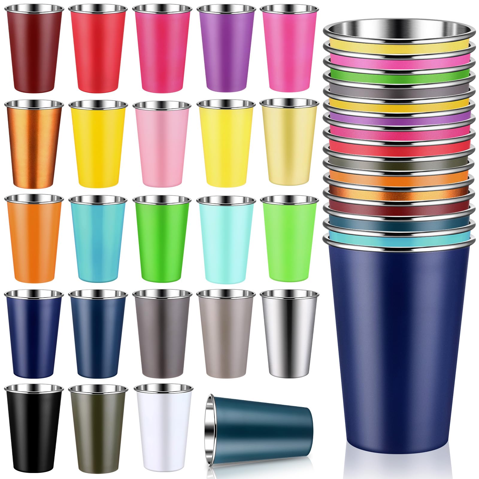 Hushee 24 Pack 16 oz Stainless Steel Pint Cups Metal Cups 24 Colors Unbreakable Drinking Glasses Water Tumblers Stackable Cup for Kids Adults Bar Home Restaurant Travel Picnic Camping Outdoor