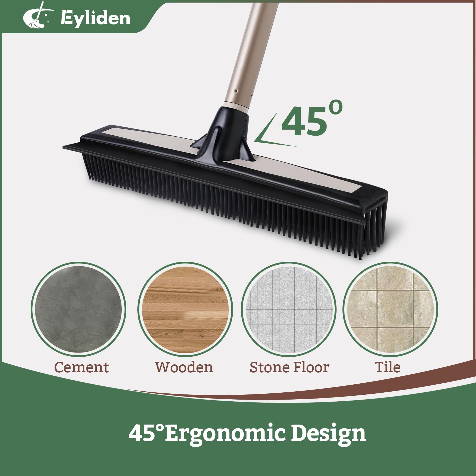 Eyliden Carpet Rake for Pet Hair Removal, 2-in-1 Rubber Broom with Squeegee and 54’’ Telescopic Long Handle, Fur Pet Hair Removal Broom for Carpet Rug Floor Hardwood Tile