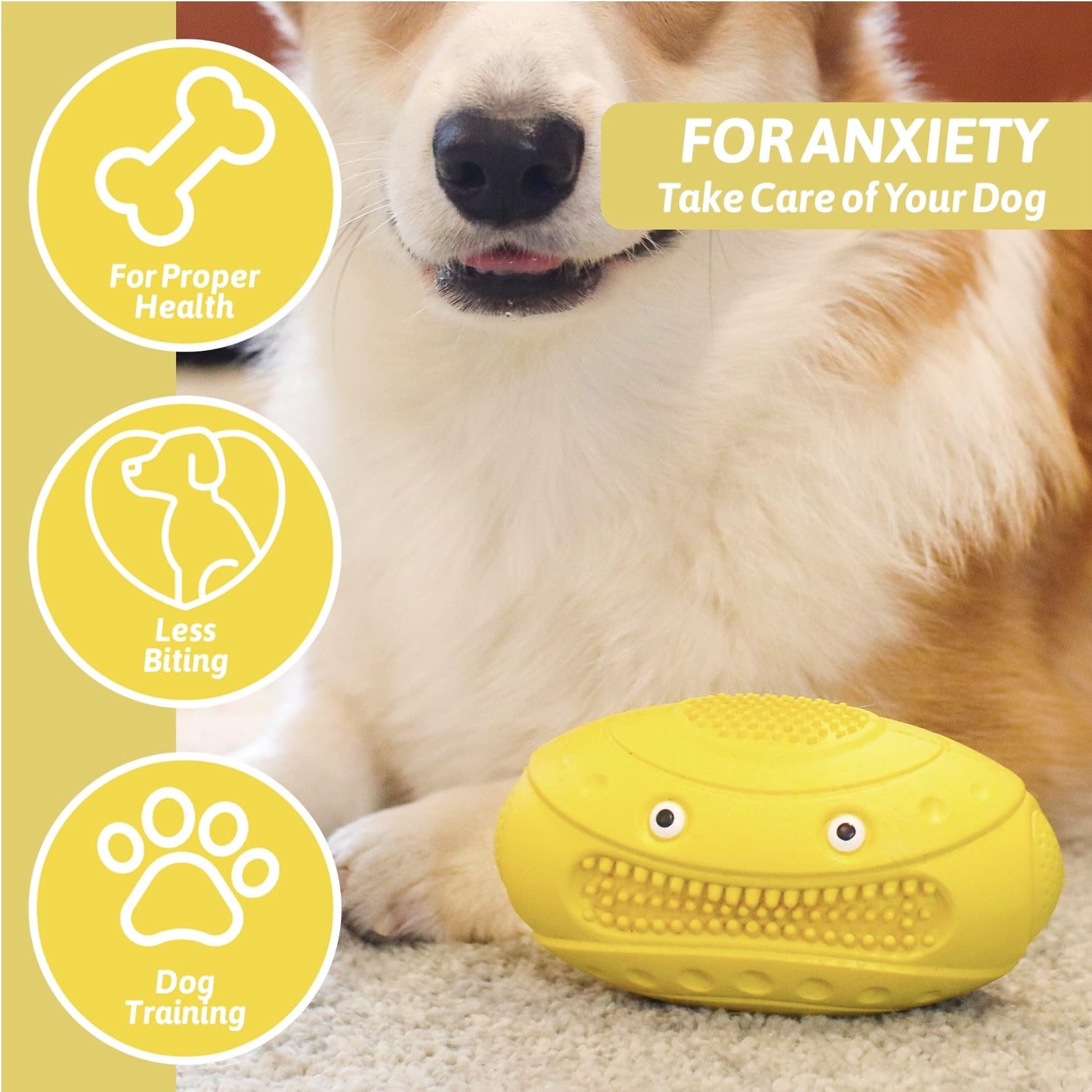 Truseful Squeaky Dog Chew Toy for Aggressive Chewers - Durable Interactive Teething Football for Better Dental Health(Yellow, Monster)