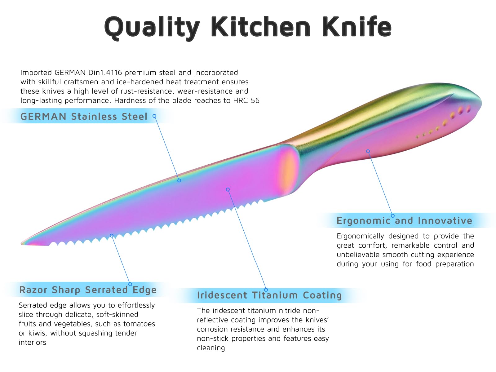 WELLSTAR Utility Knife, 4 Inch Serrated Paring Knife with Super Sharp Rainbow High Carbon Stainless Steel Blade for Fruit Vegetable Cutting Peeling Slicing