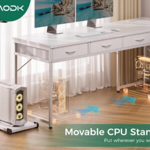 AODK 53 Inch L Shaped Computer Desk with Drawers, Corner Desk with Power Outlets & Reversible Storage Shelves, Movable CPU Stand for Home Office Gaming, White