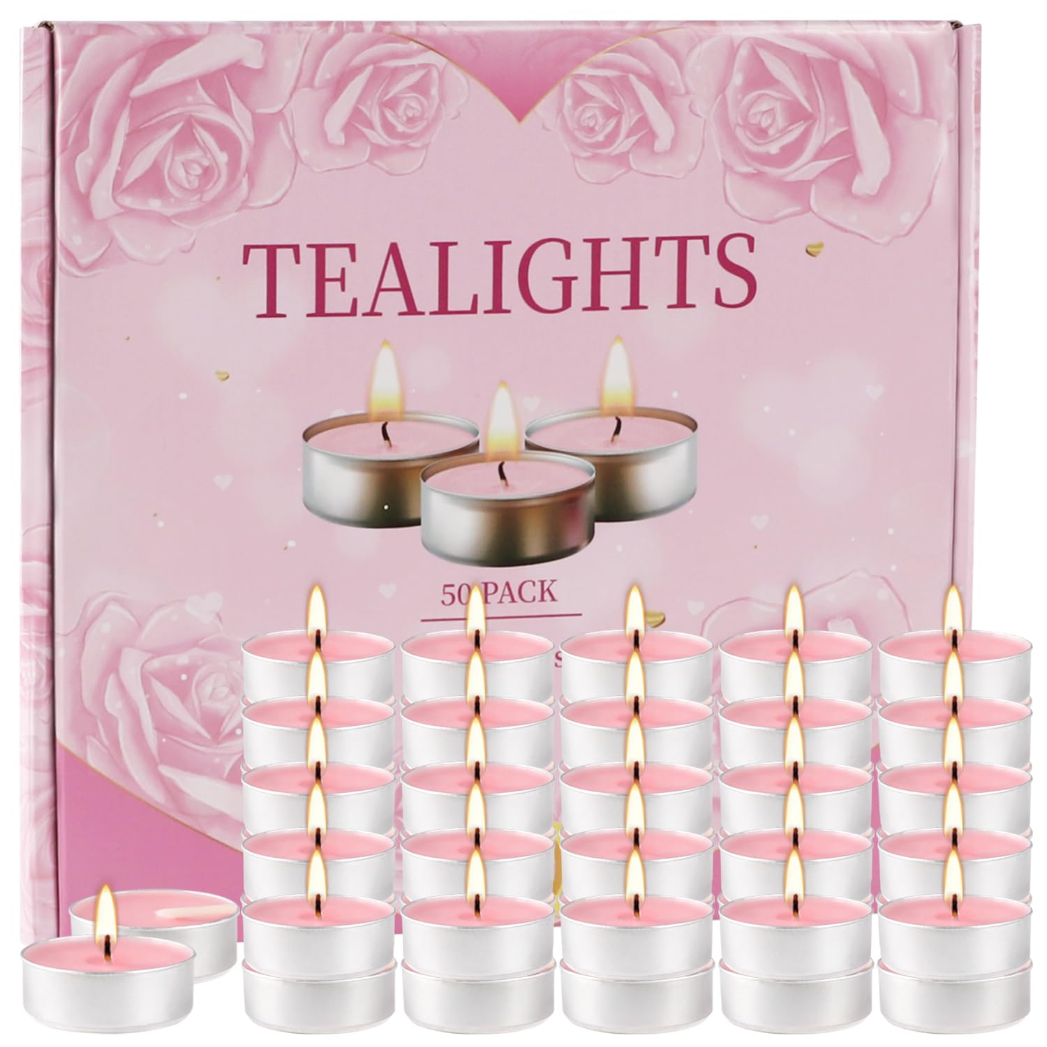 50 Pack Tealight Candles, Tea Lights Candles Set 4 Hour Pink Unscented Mini Votive Candles for Valentine's Day Anniversary Wedding Receptions