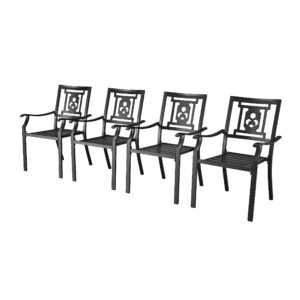 lokatse home 4 pcs metal stackable patio dining chairs for garden backyard lawn supports 300 lbs, black