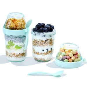 felli on the go yogurt parfait snack cups with lid, reusable acrylic travel jars for chia pudding, portion control breakfast & lunch containers, small fridge food storage (2, green)