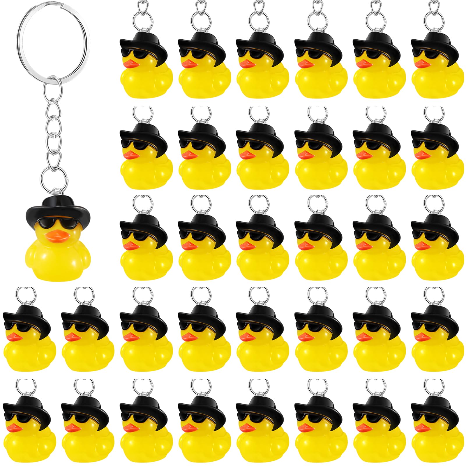 Siifert 36 Pcs Duck Keychain Bulk Cowboy Cowgirl Duck Party Favors Resin Tiny Duck Keychain with Cowboy Hat Sunglasses Charms Pendant for Kids Gift Halloween Birthday Baby Shower (Yellow,Black)