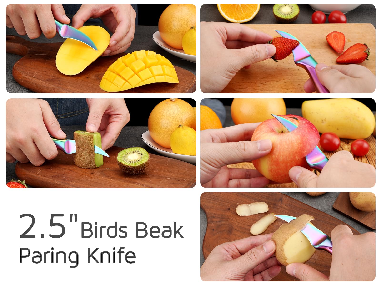 WELLSTAR 2.5 inch Birds Beak Paring Knife, Sharp High Carbon Stainless Steel Curved Blade For Fruit and Vegetable Peeling Garnishing Cutting – Rainbow