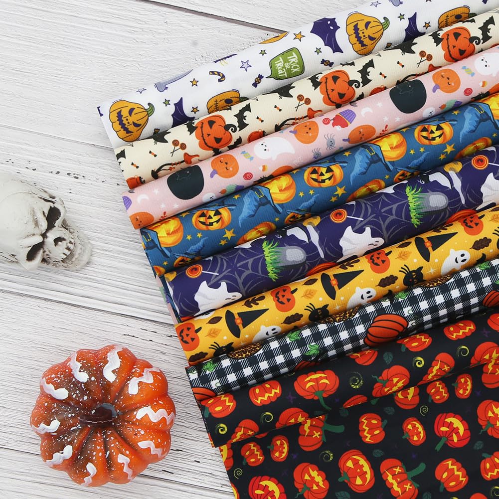 Halloween Fabric,Halloween Fat Quarters Fabric Bundles 8 PCS,Skull Pumpkin Spooky Theme Fabric 19.7 X 19.7 in for Sewing Dressmaking Thanksgiving Fall Festival Party DIY Sewing Craft Decorations