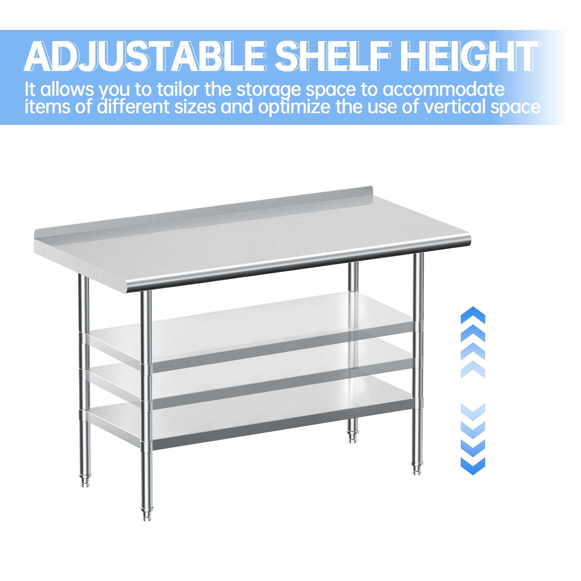 JOPHUN Stainless Steel Work Table with Backsplash, Commercial Table for Prep & Work Table for Restaurant and Home - 24" D x 48" W x 34" H Inches