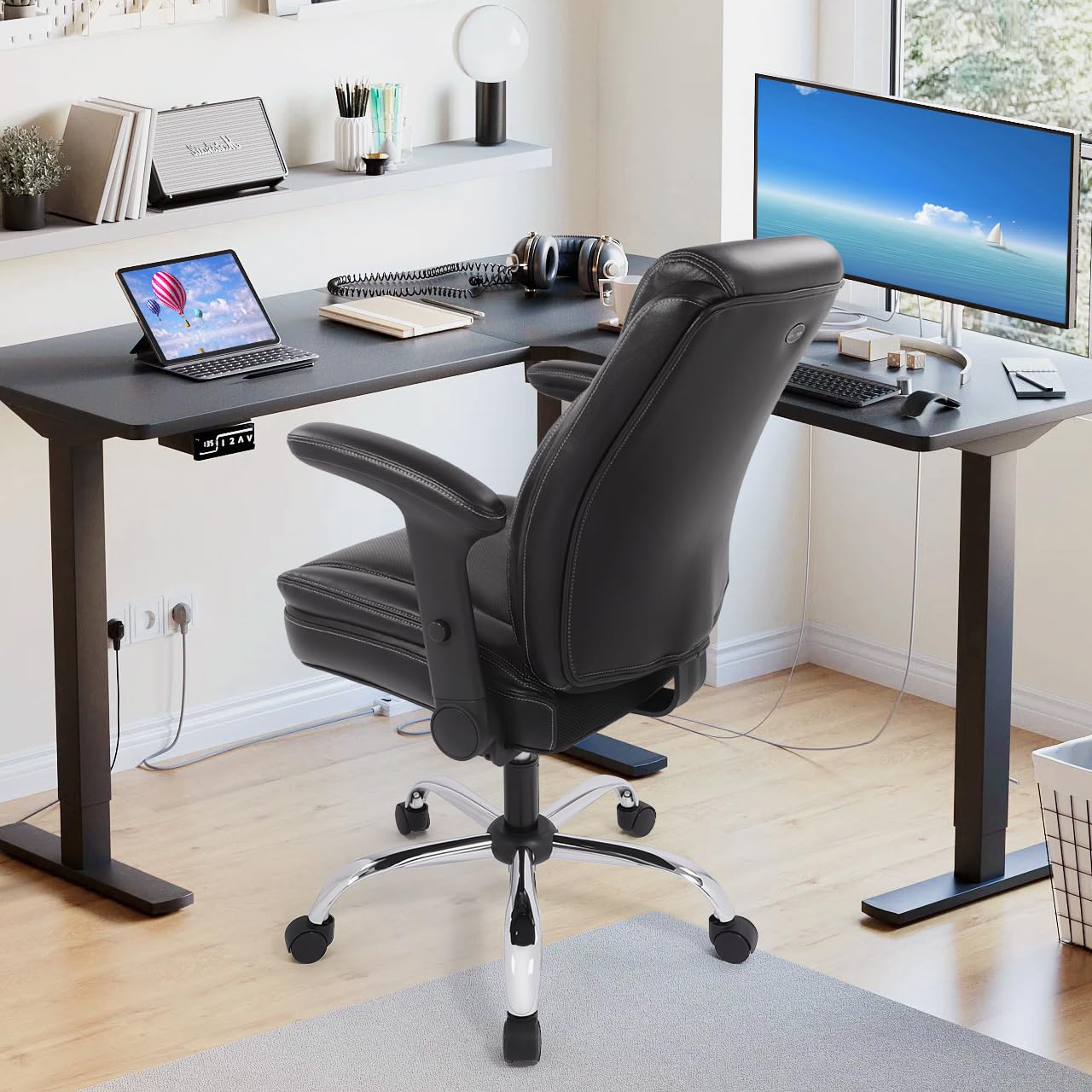 CHAIRMAN Multi-Purpose Premium Bonded Leather Padded Mid-Back Adjustable-Height/Tilt, Swivel Office Computer Desk Task Chair with Functional Arms, Black