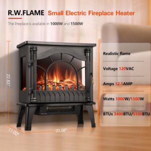 R.W.FLAME Electric Fireplace Heater, 20" Freestanding Fireplace Infrared Stove 1000W/1500W, 3D Realistic Flame Effects, Adjustable Brightness and Heating Mode, Overheating Safe Design