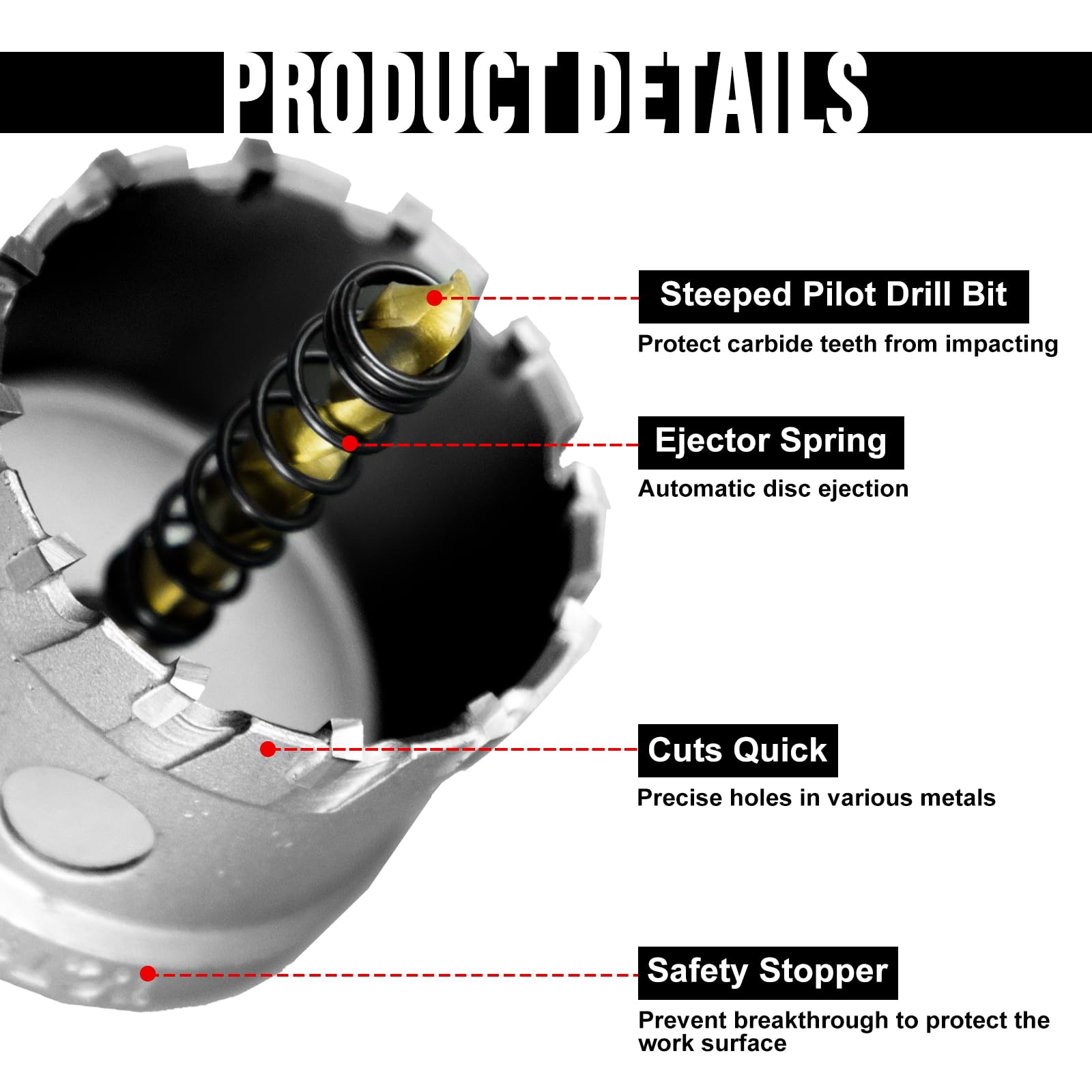 SALI 5pcs TCT Hole Saw Kit Tungsten Carbide Tipped Hole Saw Drill Bit with Titanium-Plated Pilot Drill bit for Metal, Stainless Steel, Iron, Wood, Plastic 5/8"-1-3/4" 16mm+22mm+29mm+35mm+45mm