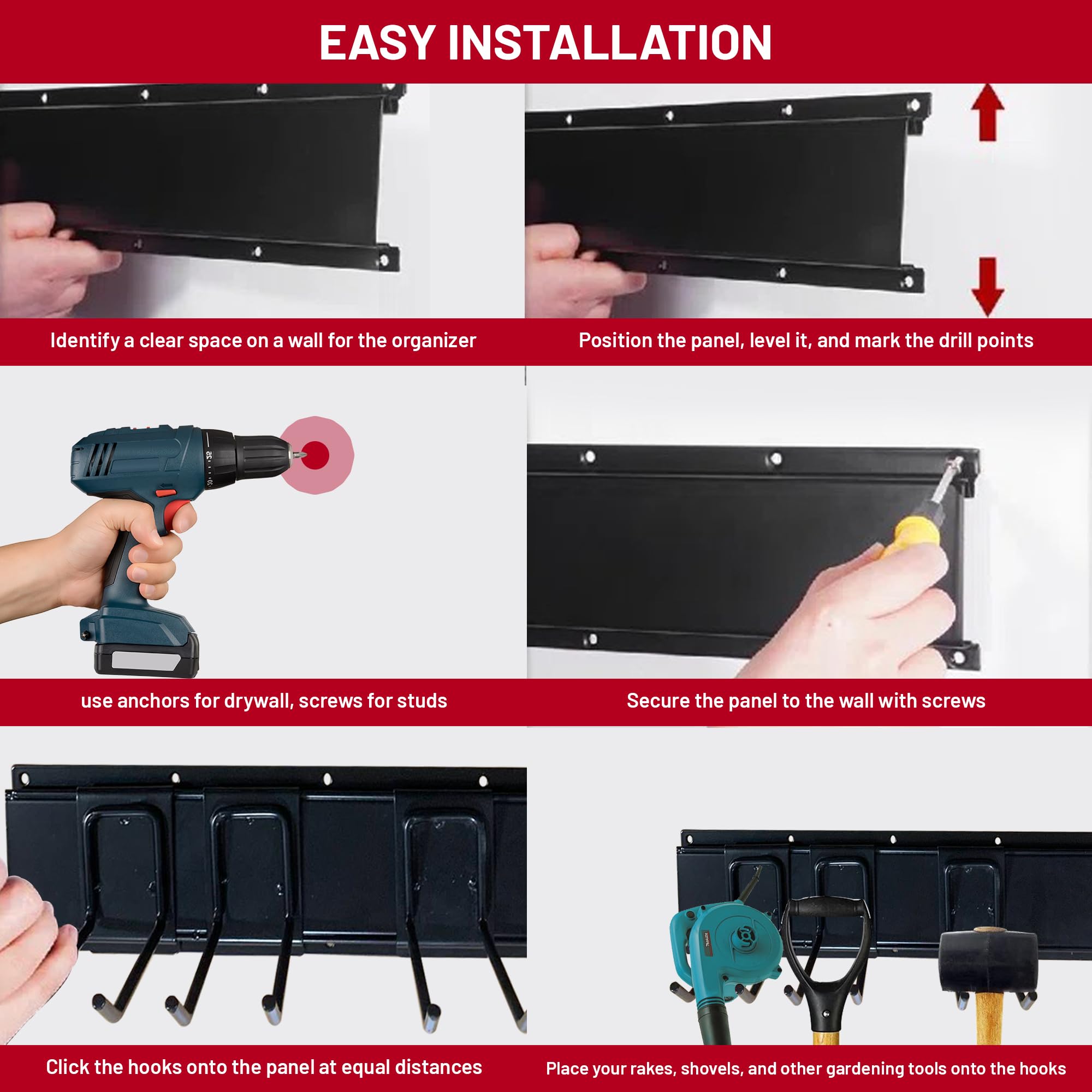 Ohana Love Garage Tool Organizer Wall Mount With Gardening Gloves - Adjustable Garden Tool Organizer for Garage with 9 Heavy Duty Snap On Hooks, 3 Rails, 2 Cable Storage Hooks Broom holder wall mount