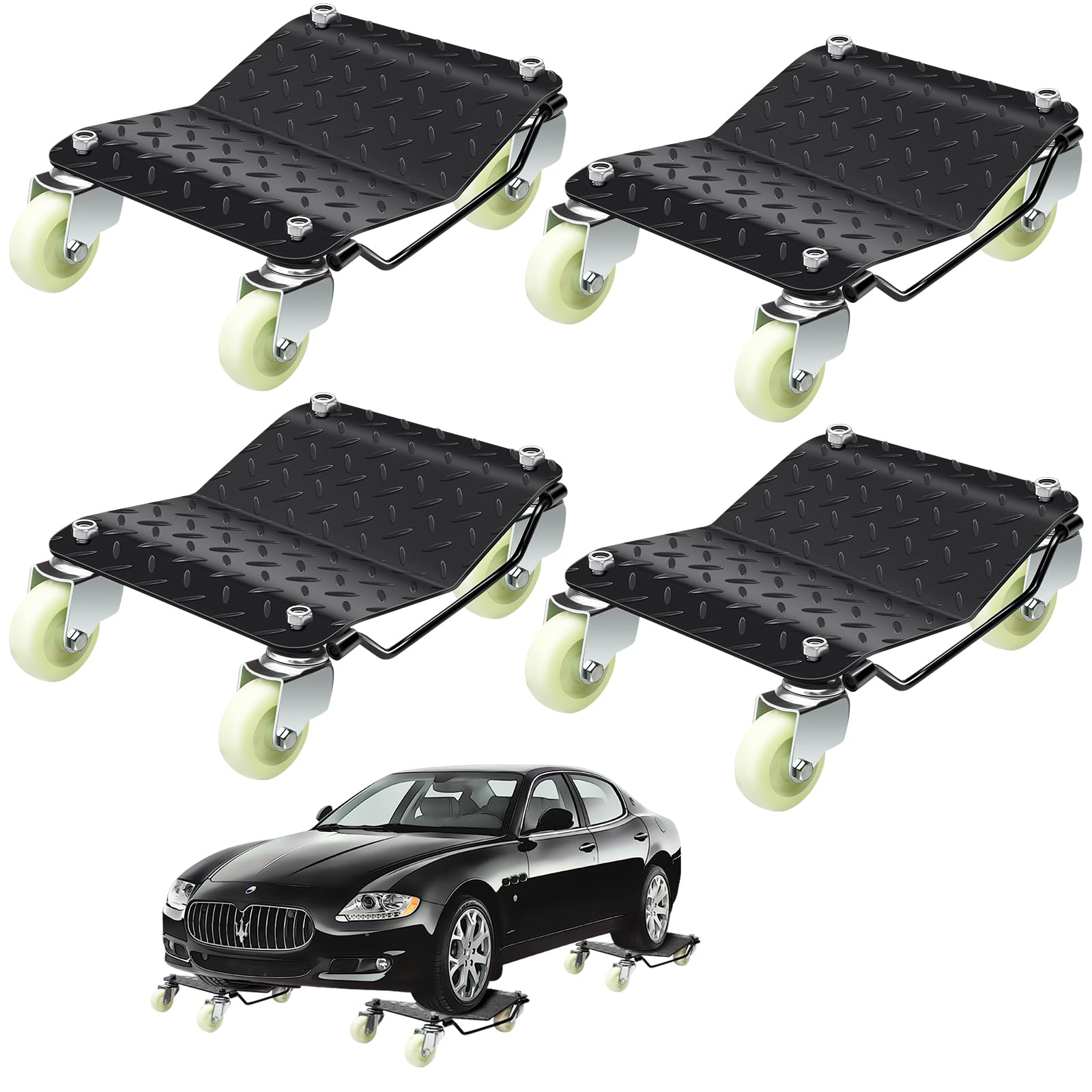 Datanly Set of 4 Car Dolly, Heavy Duty Wheel Dolly Car Stakes, Steel 6000 Lbs Capacity Auto Vehicle Moving Dolly with 360 Degree Wheels for Vehicle Storage Furniture Mover Trailer, 16" x 13"(Black)