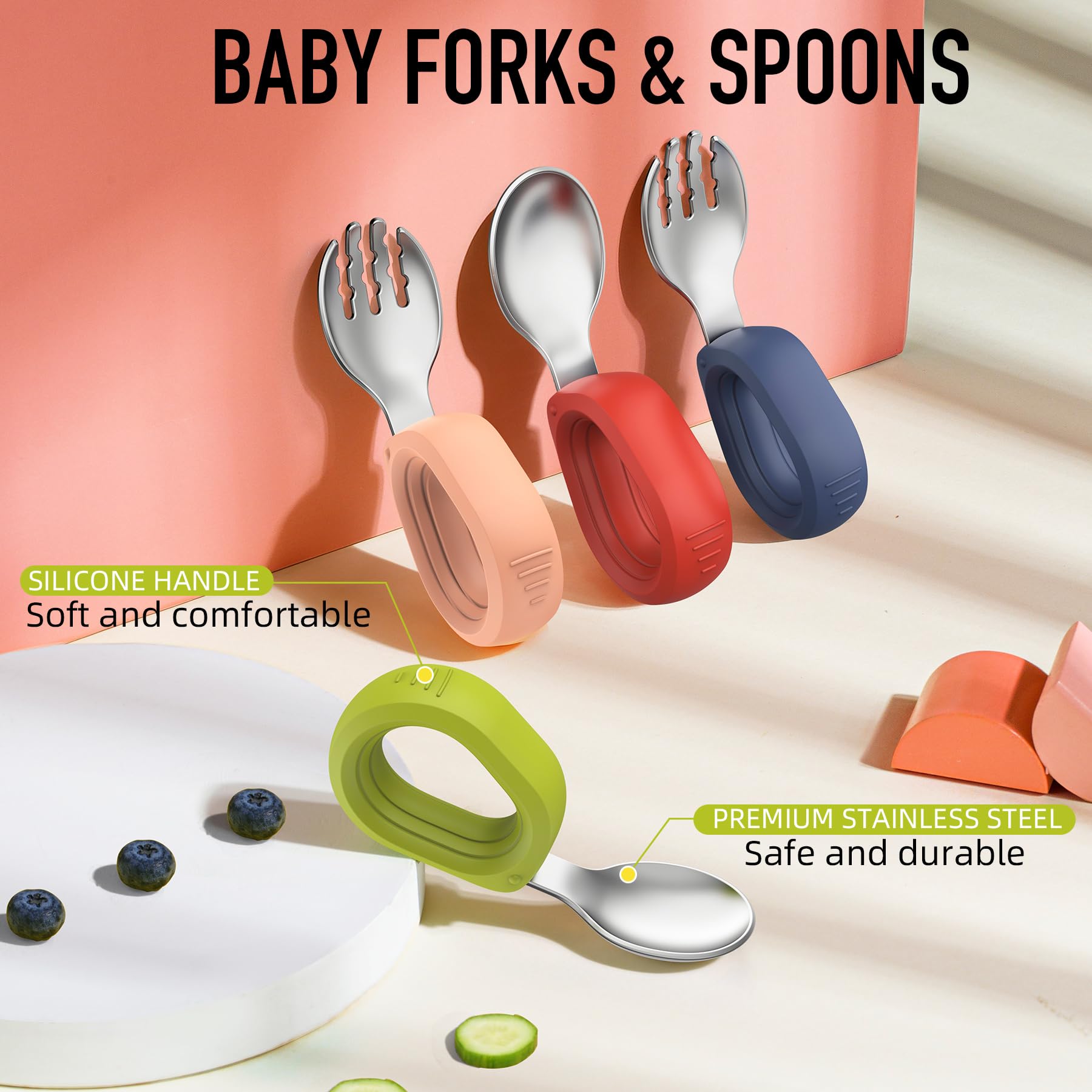 Yimido Toddler Utensils Baby Utensils Toddler Forks and Spoons Baby Forks and Spoons Set Kids Stainless Steel Silverware Set Children Safe Forks and Spoons self feedig-Dishwasher Safe(Red+Blue)