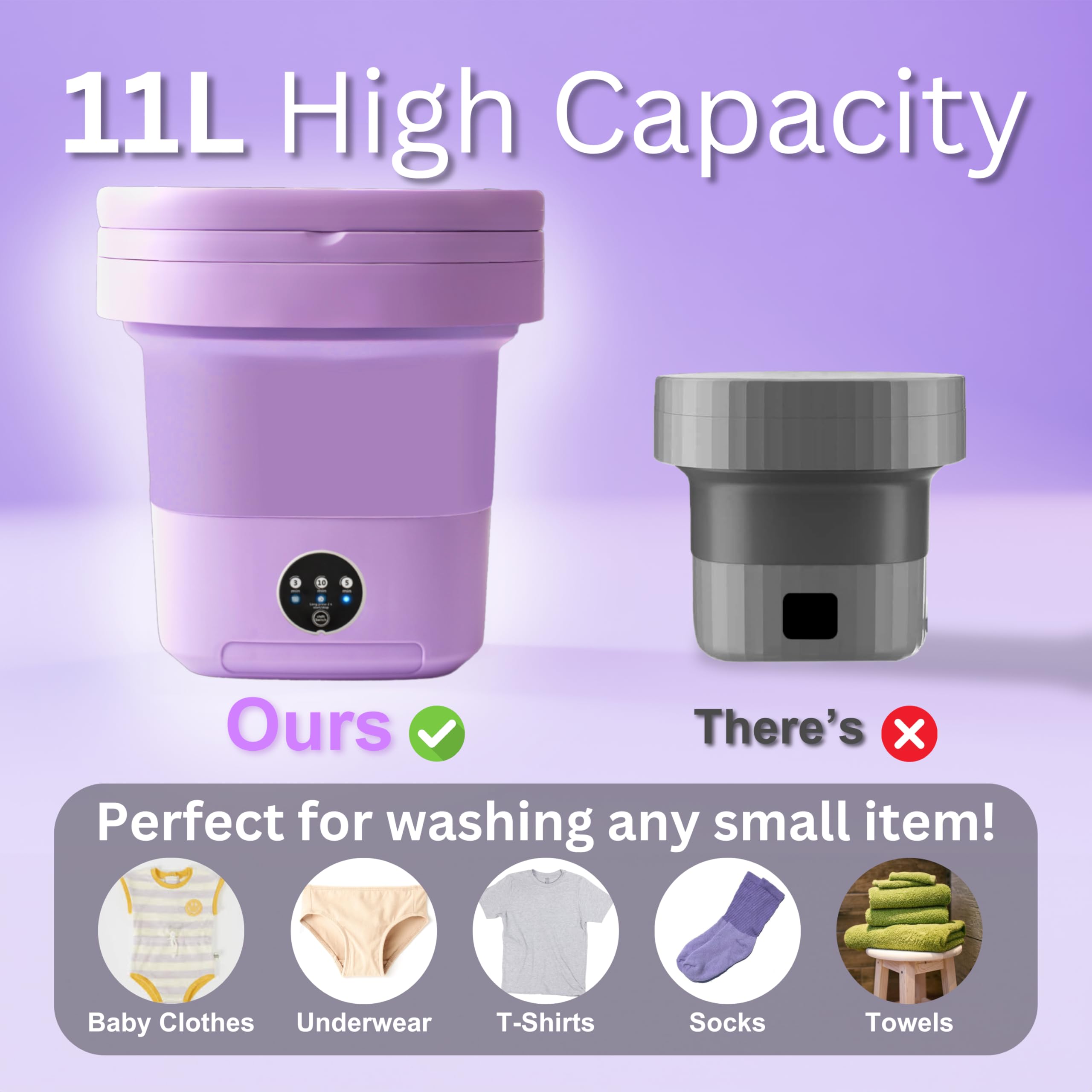 Portable Washing Machine 11L Collapsible Mini Foldable Washer & Spin Dryer for Baby Clothes, Underwear, Small Items, 3 Modes - For Travel, RV, Camping, Home, Apartments, Dorm Laundry and Work (Purple)