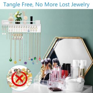 OURISE Necklace Holder Wall Hanging Jewelry Organizer with 30 Hooks & Cosmetics Shelf,Wall Jewelry Organizer for Necklaces Bracelet Earrings Ring