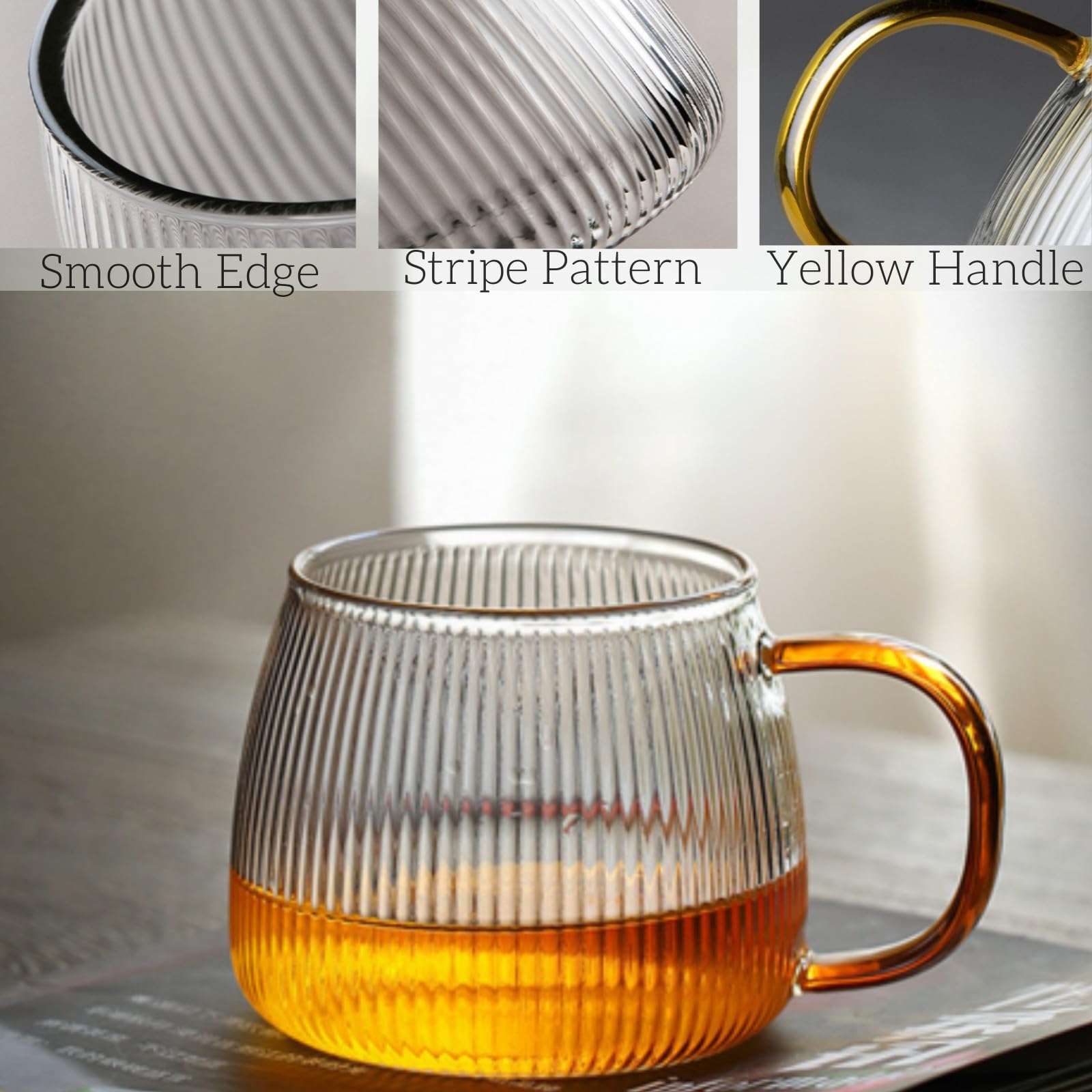 AVLA 6 Pack Glass Coffee Mugs, 16 OZ Unique Vertical Stripes Coffee Cup, Clear Large Tea Glasses with Handle, Vintage Transparent Glassware for Hot/Cold Beverages, Cappuccino, Latte, Espresso, Juice