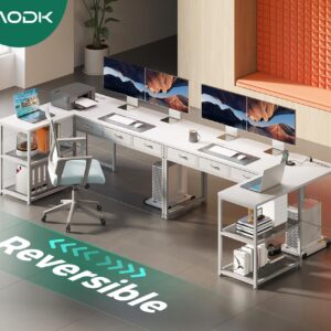 AODK 53 Inch L Shaped Computer Desk with Drawers, Corner Desk with Power Outlets & Reversible Storage Shelves, Movable CPU Stand for Home Office Gaming, White