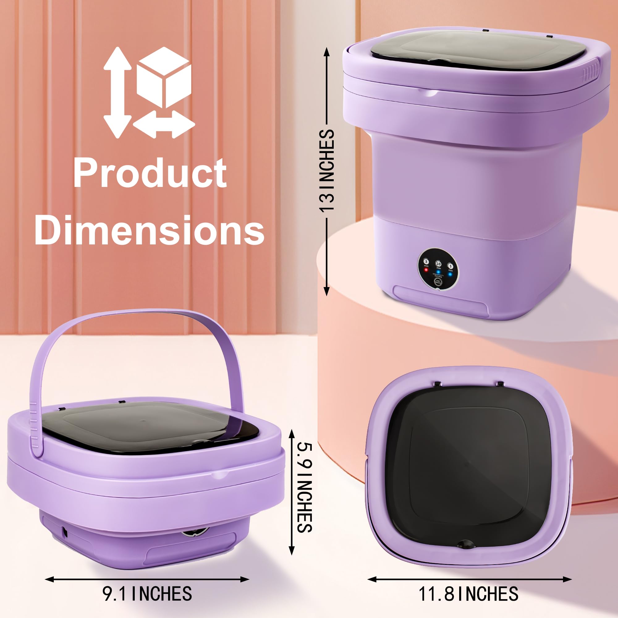 Portable Washing Machine 11L Collapsible Mini Foldable Washer & Spin Dryer for Baby Clothes, Underwear, Small Items, 3 Modes - For Travel, RV, Camping, Home, Apartments, Dorm Laundry and Work (Purple)