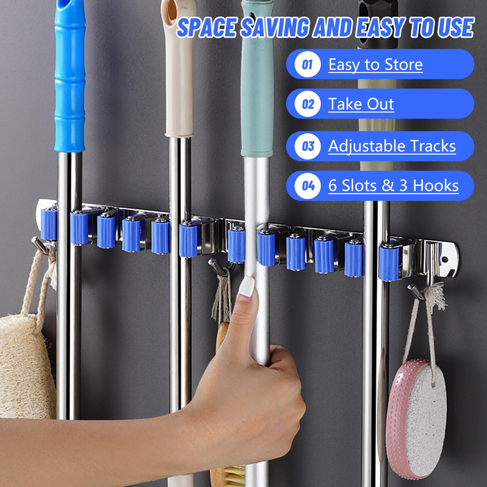 Broom Holder Mop Hanger Wall Mount, Broom Organizer Storage Tool Racks, Mop and Broom Holder, Wall Mounted Organizer with 6 Slots & 3 Hooks, Wall Mounted Garden Tool Rack Organizer for Home Garage