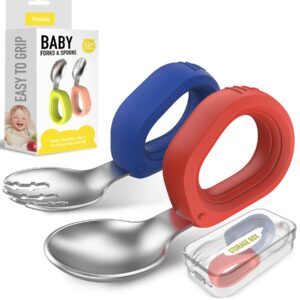 yimido toddler utensils baby utensils toddler forks and spoons baby forks and spoons set kids stainless steel silverware set children safe forks and spoons self feedig-dishwasher safe(red+blue)