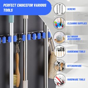 Broom Holder Mop Hanger Wall Mount, Broom Organizer Storage Tool Racks, Mop and Broom Holder, Wall Mounted Organizer with 6 Slots & 3 Hooks, Wall Mounted Garden Tool Rack Organizer for Home Garage