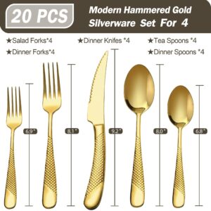 Runfly 20 Piece Hammered Gold Silverware Set, 18/10 Stainless Steel Golden Flatware Set, Modern Kitchen Utensil Set Service for 4, Tableware Set, Cutlery Set Including Fork Spoon and Knife