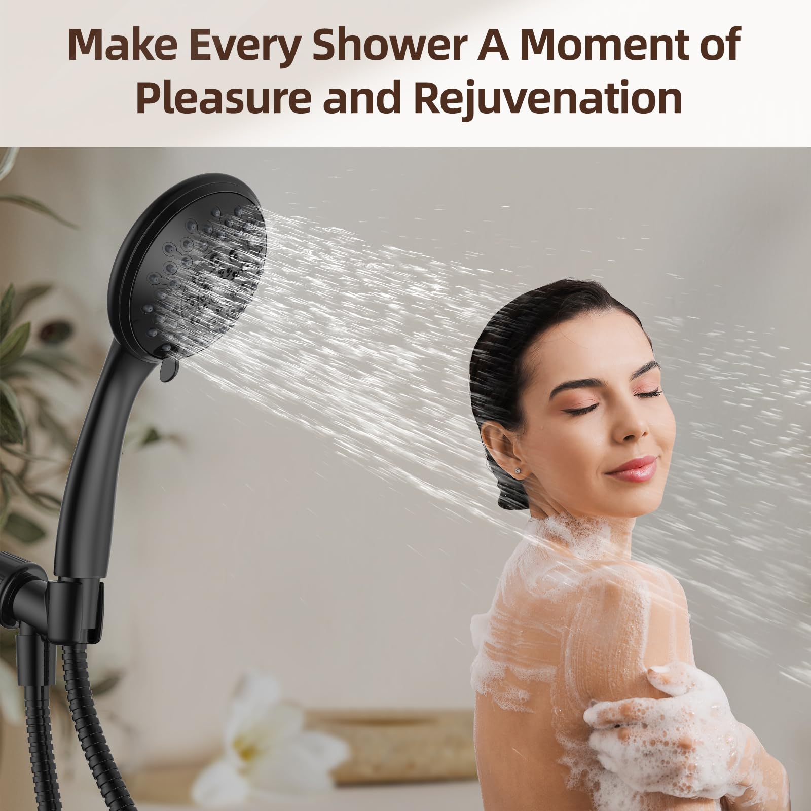 Shower Head with Handheld - RAINVISTA 6 Functions High Pressure Detachable Shower Head Set for Bathroom, Stainless Steel Hose and Adjustable Shower Arm Bracket, Matte Black