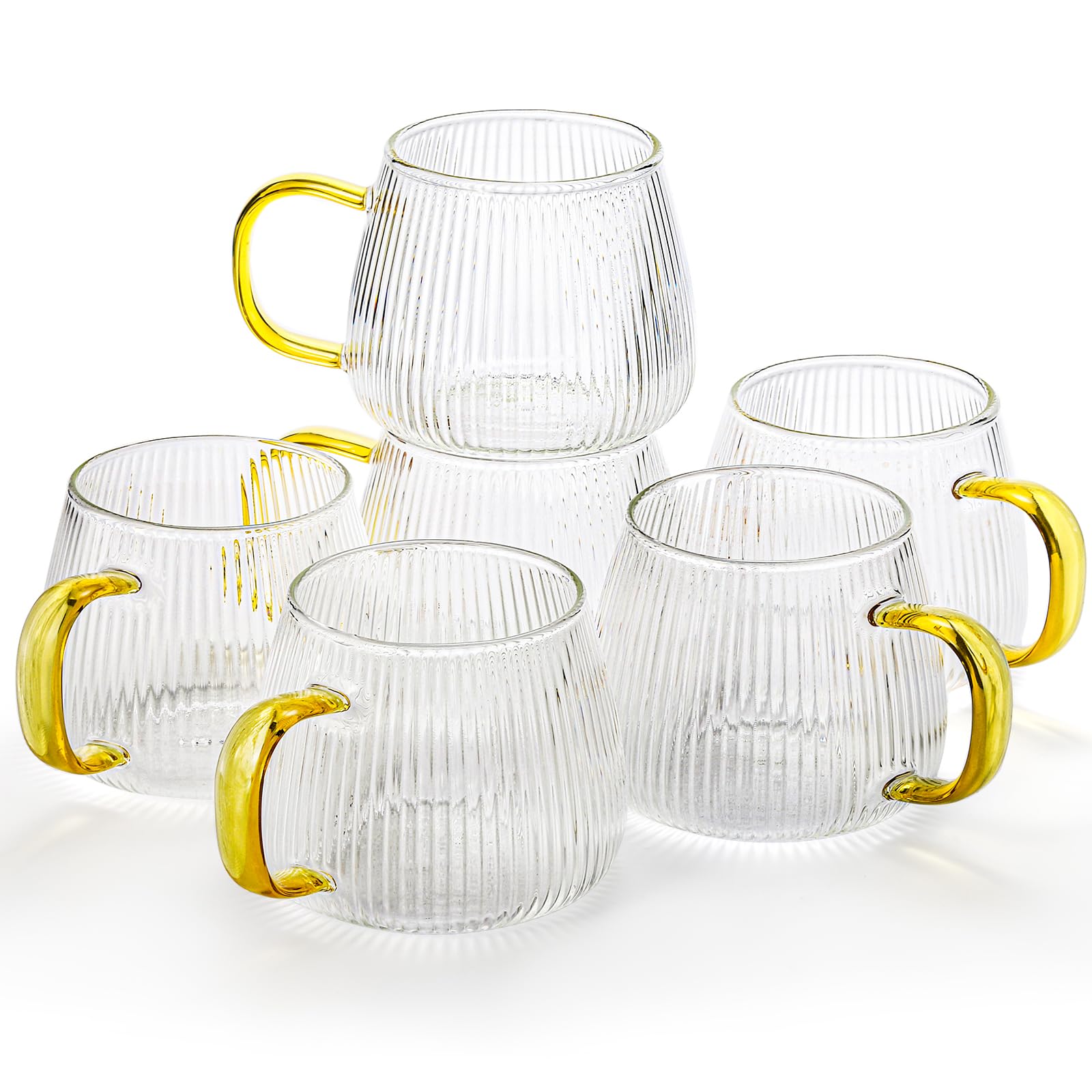 AVLA 6 Pack Glass Coffee Mugs, 16 OZ Unique Vertical Stripes Coffee Cup, Clear Large Tea Glasses with Handle, Vintage Transparent Glassware for Hot/Cold Beverages, Cappuccino, Latte, Espresso, Juice