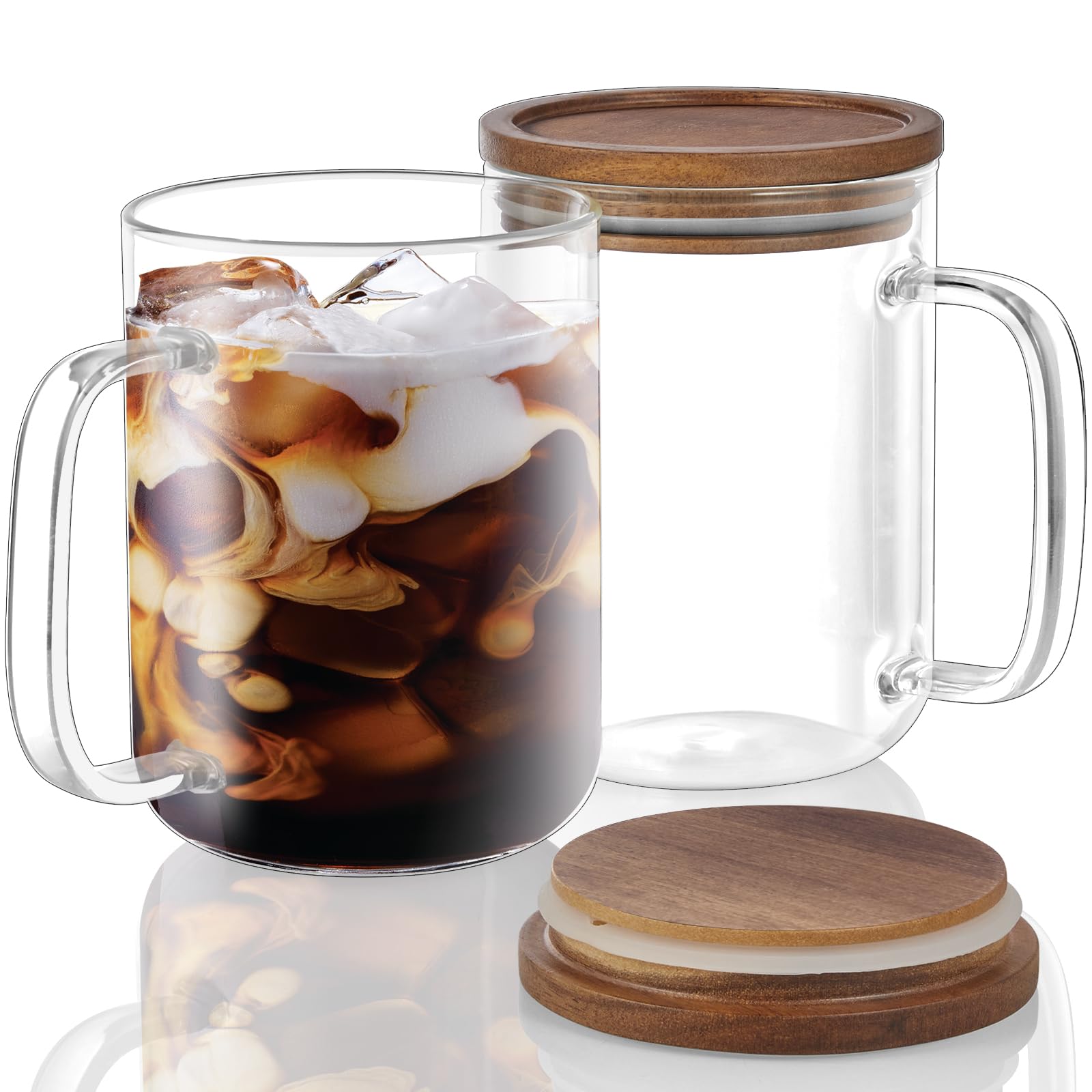 DRASTAR Glass Coffee Mugs, 20 oz Clear Coffee Cups with Acacia Wood Lid, Large Coffee Mug Set of 2, Tea Glass Cups with Handles, Glass Coffee Cups for Latte, Espresso, Tea