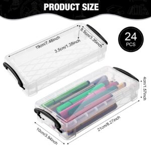 Gueevin 24 Pcs Large Capacity Plastic Pencil Box Clear Plastic Pencil Case Crayon Box with Snap Tight Lid Watercolor Pen Storage Brush Pencil Box Organizer Drawing Tools Container (Black)