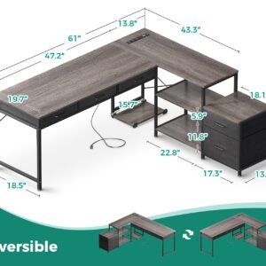 AODK L Shaped Computer Desk with Fabric Drawers and File Cabinet, 61" Reversible Home Office Workstation Desk with Power Outlets & Host Stand, Corner Gaming Table with Storage Shelves, Grey Oak