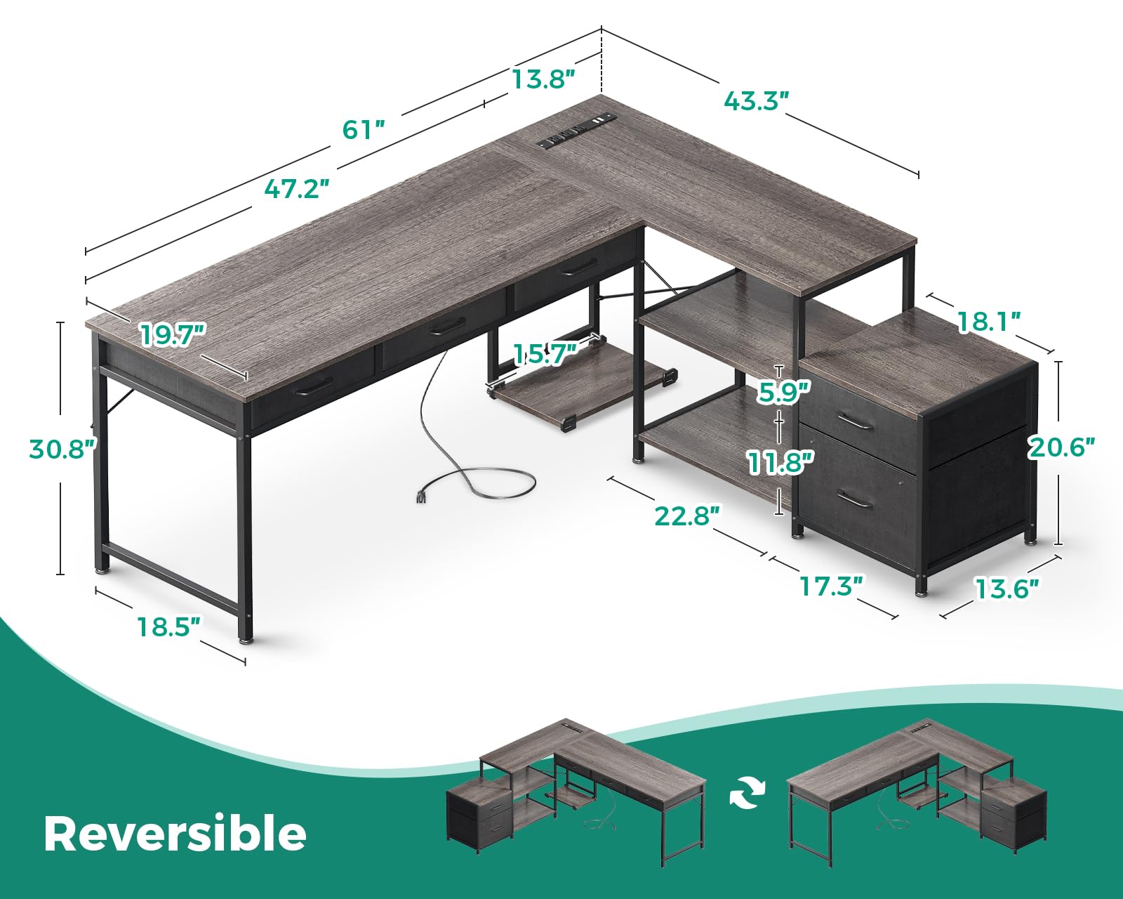 AODK L Shaped Computer Desk with Fabric Drawers and File Cabinet, 61" Reversible Home Office Workstation Desk with Power Outlets & Host Stand, Corner Gaming Table with Storage Shelves, Grey Oak