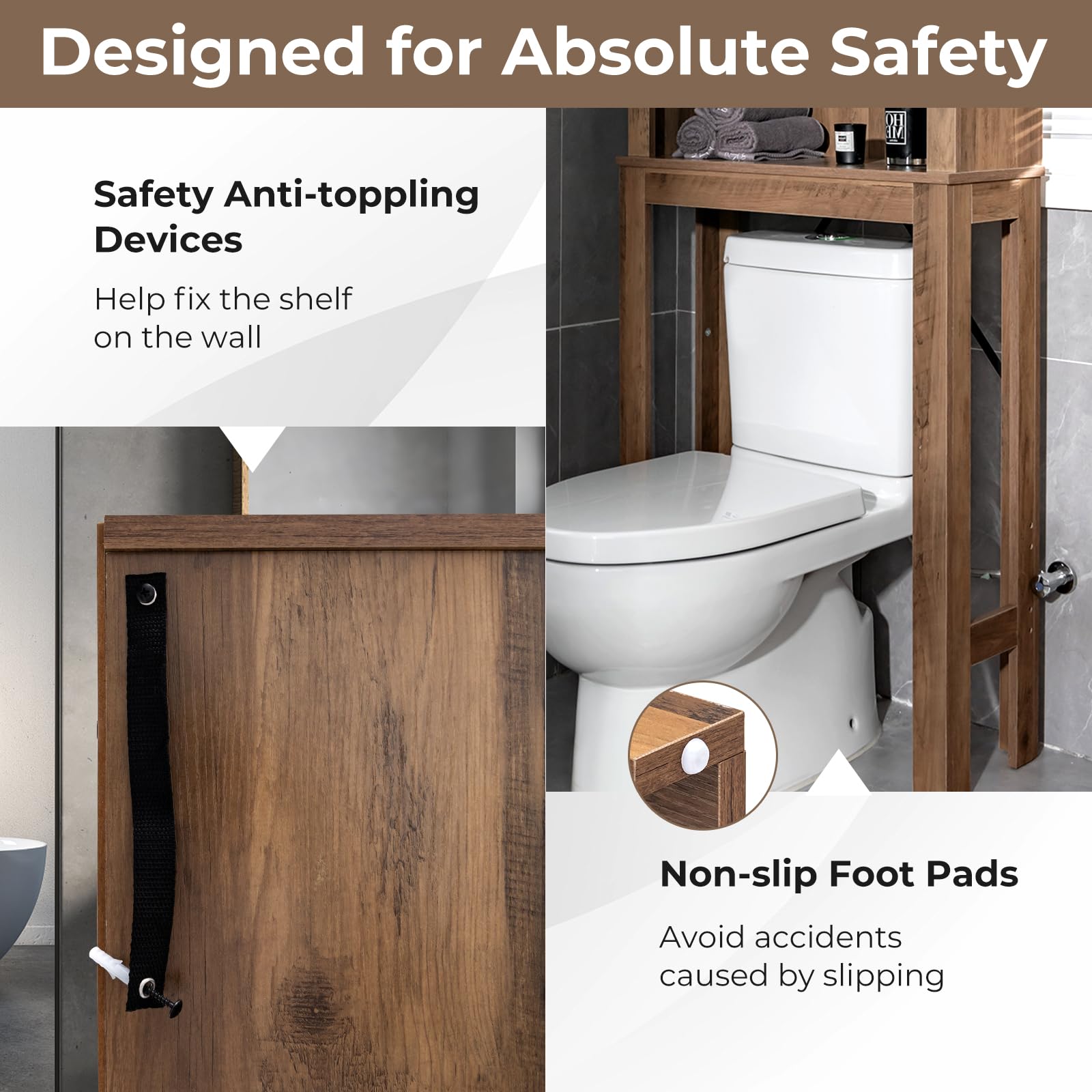 LOKO 4-Tier Over The Toilet Storage Cabinet, Bathroom Toilet Rack with 3-Position Adjustable Shelves, Freestanding Above Toilet Organizer with Anti-Toppling Devices & Non-Slip Foot Pads, Brown