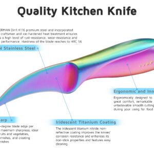 WELLSTAR 2.5 inch Birds Beak Paring Knife, Sharp High Carbon Stainless Steel Curved Blade For Fruit and Vegetable Peeling Garnishing Cutting – Rainbow