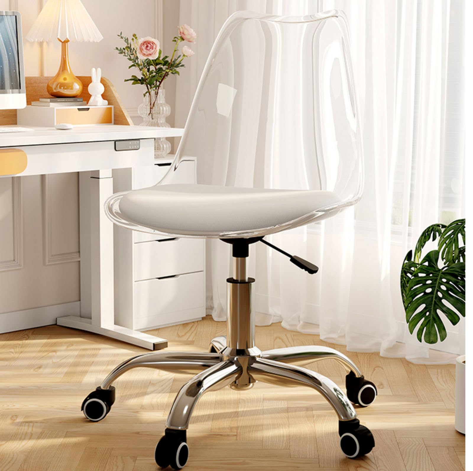 Modern Small Cute Armless Vanity Rolling Chair Adjustable Swive Chair for Office, Home, Make Up, Small Space, Bed Room (Clear)