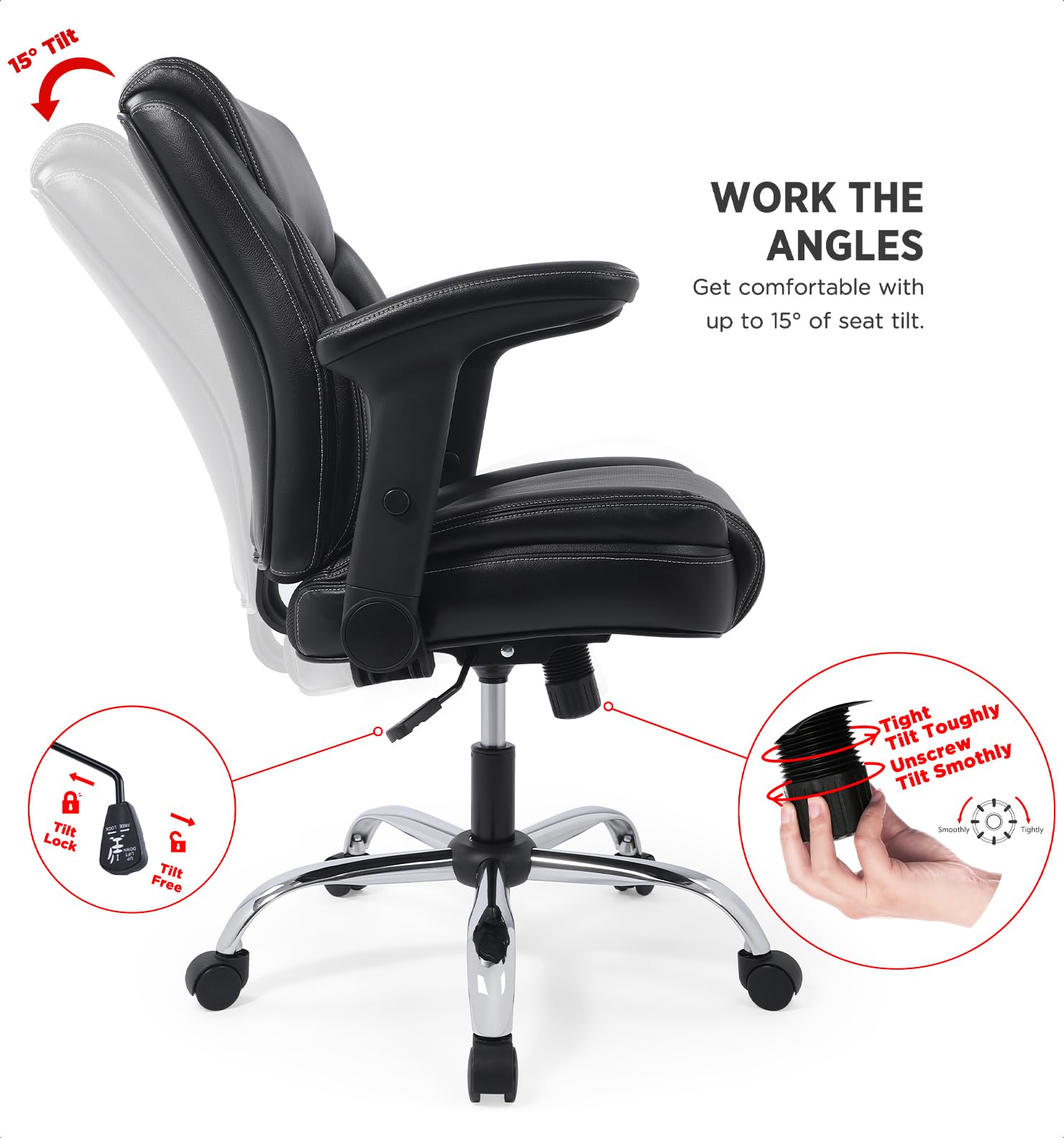 CHAIRMAN Multi-Purpose Premium Bonded Leather Padded Mid-Back Adjustable-Height/Tilt, Swivel Office Computer Desk Task Chair with Functional Arms, Black