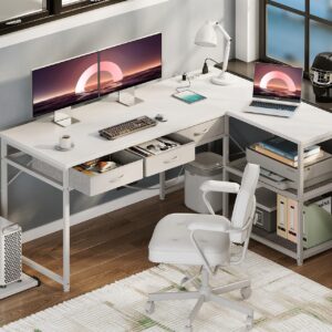 AODK 53 Inch L Shaped Computer Desk with Drawers, Corner Desk with Power Outlets & Reversible Storage Shelves, Movable CPU Stand for Home Office Gaming, White