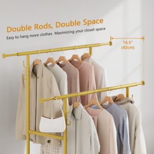 Gewudraw Double Rod Garment Rack, Heavy Duty Rolling Gold Clothes Rack with Wheels For Hanging Clothes,Portable Metal Clothing Rack with Shelves, 64.2inch Chrome