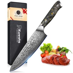 kuwata chef knife, 8 inch damascus professional black gold series chefs knife, vg10 damascus steel vegetable cooking knife, kitchen knife g10 ergonomic black gold handle with gift box