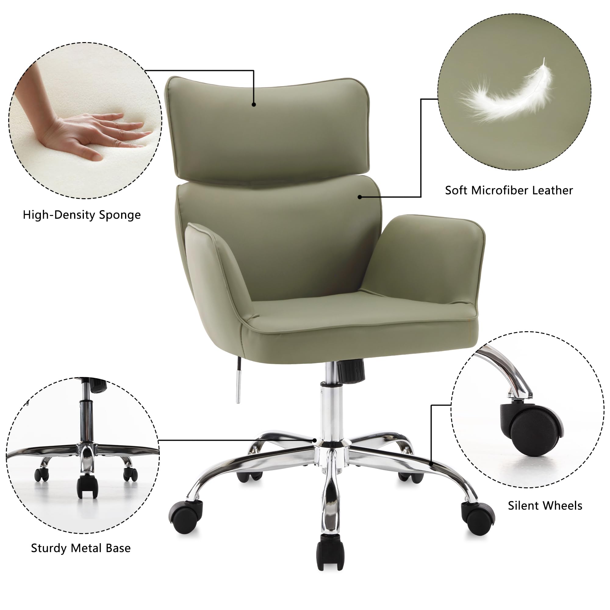 BERYTH Home Office Chair with Wheels, Adjustable Height Swivel Mid-Back Armchair Task Chair, Modern PU Leather Ergonomic Tilt Computer Desk Vanity Chair for Office, Study Room(PU Green)