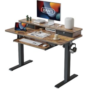 banti 48'' height adjustable electric standing desk with keyboard tray, home office desk computer workstation with storage shelf, sit stand desk, rustic top